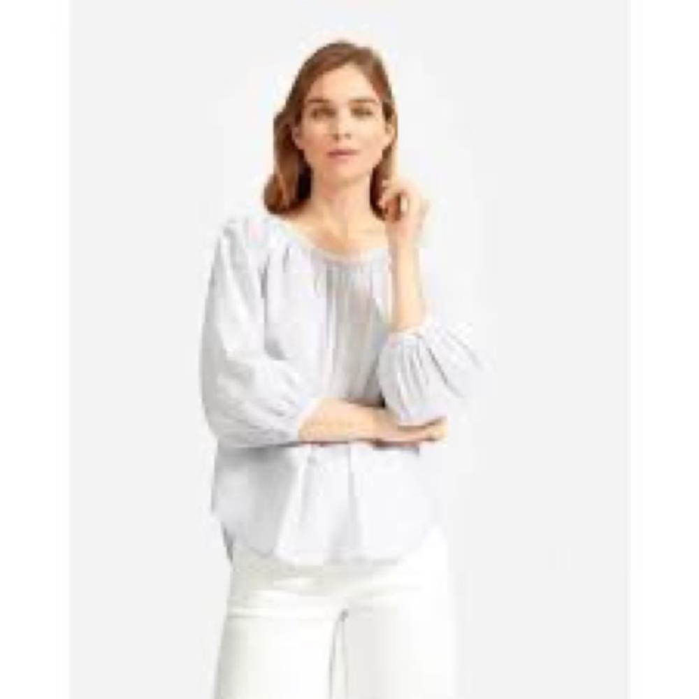 Everlane | Ruched Air Blouse | White w/ Navy Pinstripe | 16